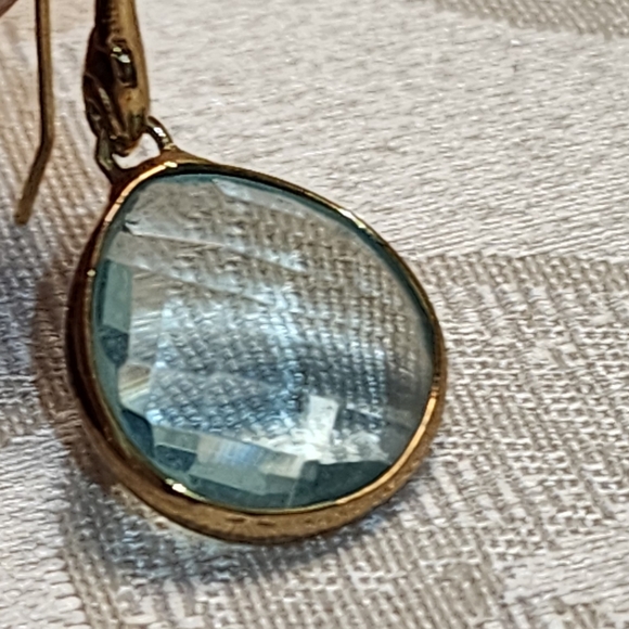 VINTAGE BLUE TOPAZ ROUND BEZEL DROP EARRINGS GOLD PLATED 1980s - Picture 9 of 11